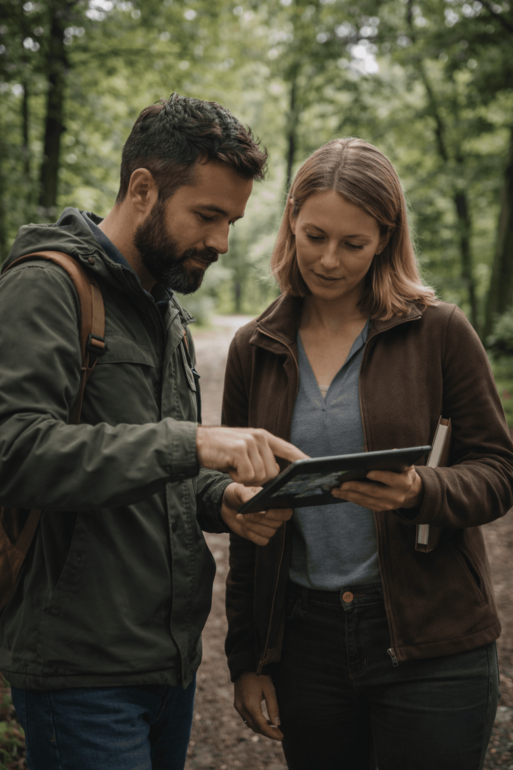 Beheerders bekijken een boom op de tablet in het terrein